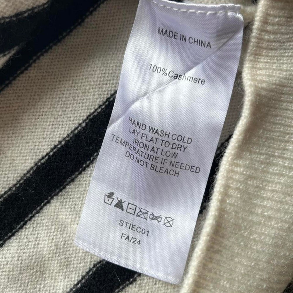 Quince Mongolian Cashmere Striped Short Sleeve Sweater Ivory Black L STIEC01 - Picture 3 of 6